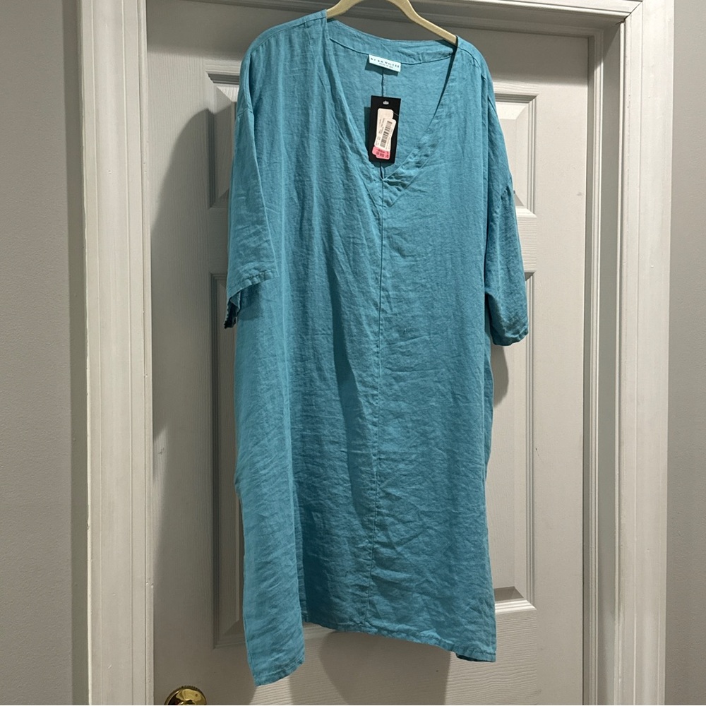 Blue Ocean Linen Dress V Neck Made in USA